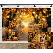 Fall Photo Backdrop, Autumn Forest Scenery Maple Leaves Pumpkins Sunflowers Photography Background, Fall Farm Harvest Thanksgiving Day Friendsgiving Party Decorations Photo Booth,7X5ft